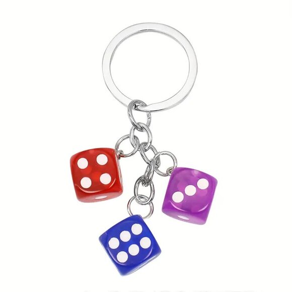Red, Blue, Purple Lucky Dice Keychain with 3 Dice Charms Fun Novelty Gift - Picture 5 of 6